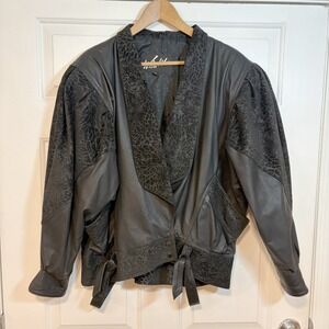 Winlit Vintage 80s Womens L Black Genuine Leather Jacket Lace Print Suede Dolman